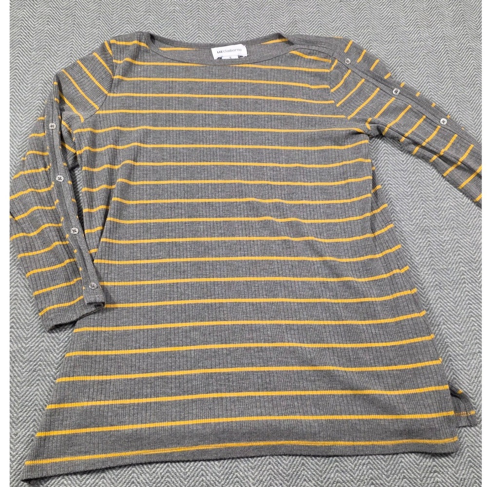 Liz Claiborne Womens Grey Yellow Striped Ribbed Button Sleeve Boat Neck Top‎ S